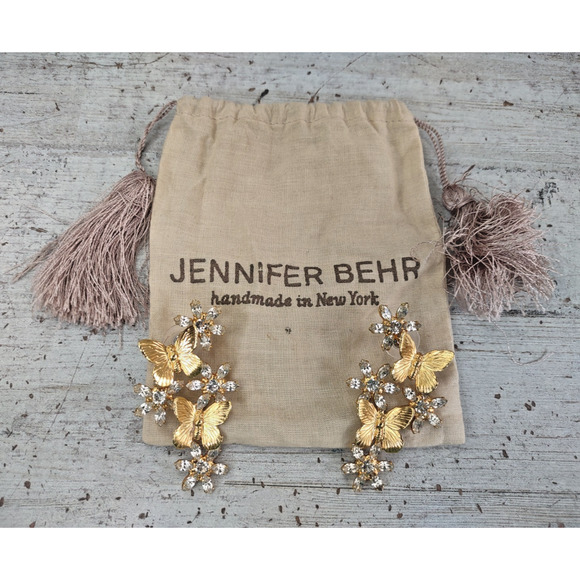 Jennifer Behr Goldtone Butterfly Rhinestone Flower Post Drop Earrings w/ Bag - Picture 1 of 11